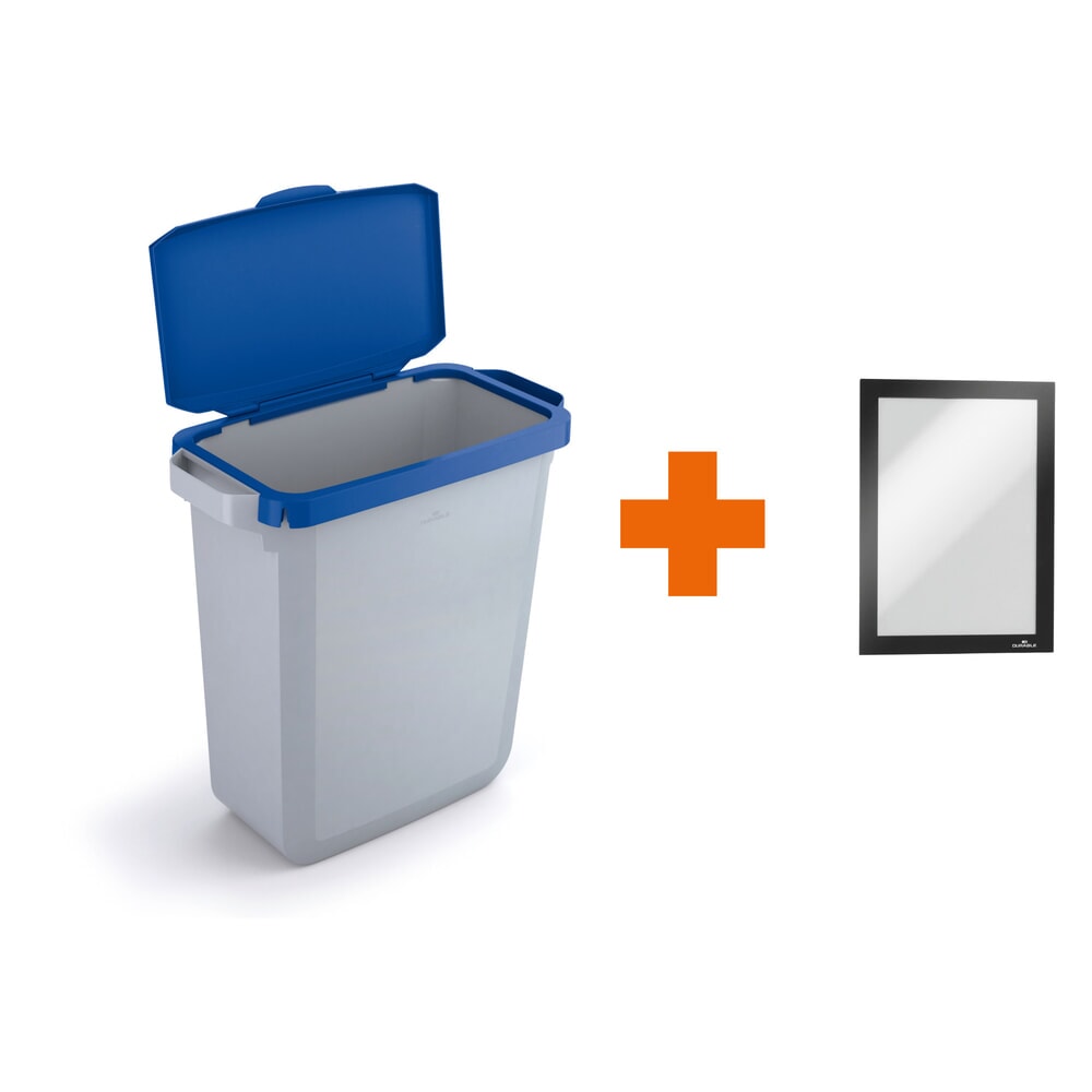N° de l'image du produit 1 : DURABLE Conteneur à déchets DURABIN® 60L avec couvercle rabattable + cadre d’affichage DURAFRAME®, bleu