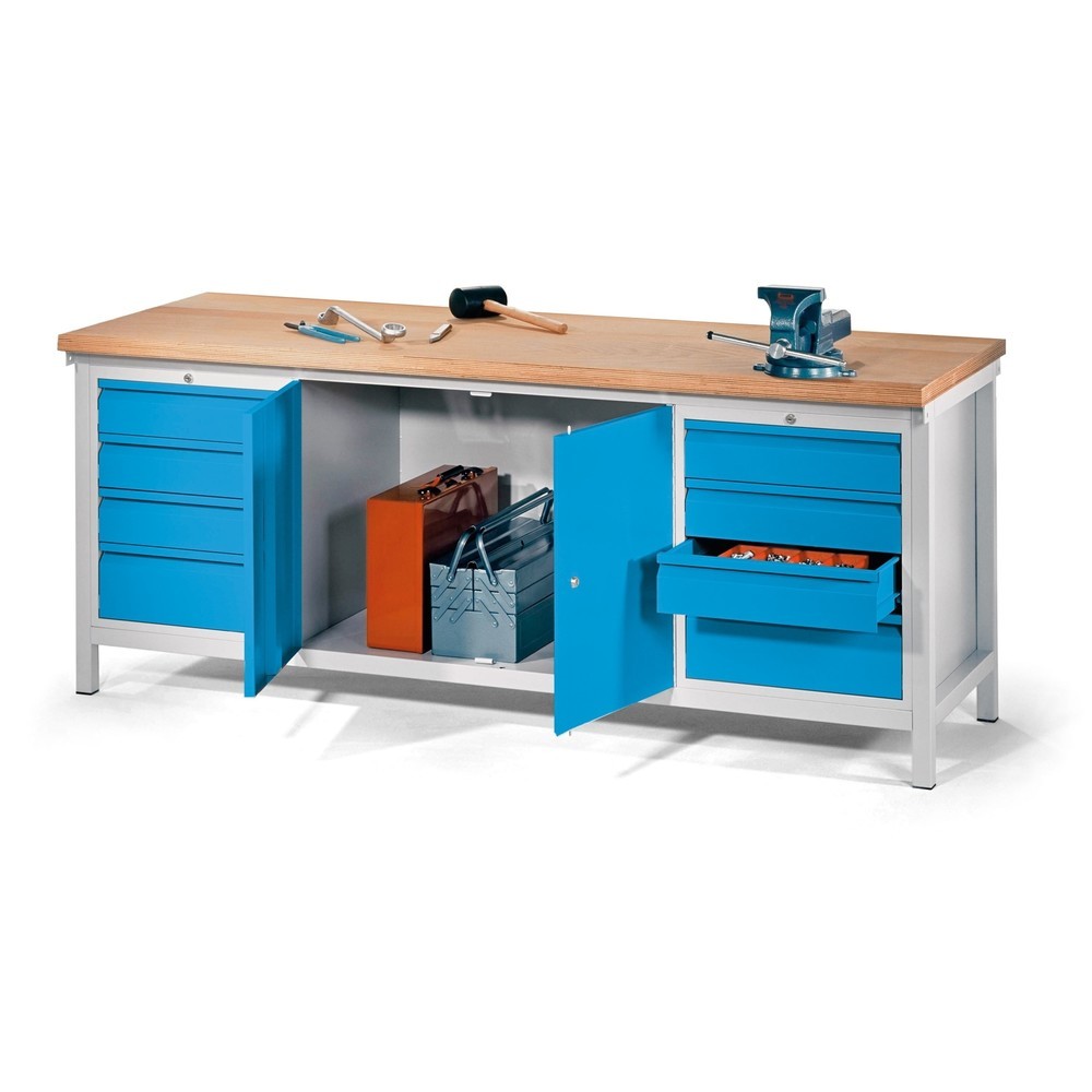 N° de l'image du produit 1 : Établi PAVOY avec 2 blocs-tiroirs + armoire, H x l x P 900 x 2 000 x 700 mm, gris anthracite, bleu gentiane