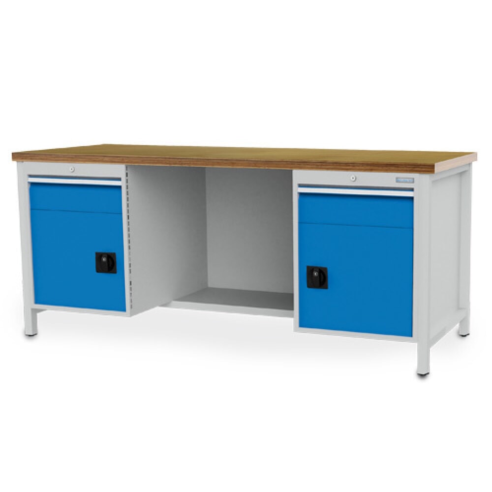 Illustration du produit: Établi R 18-24 Bedrunka+Hirth, H x l x P 859 x 2 000 x 750 mm, gris clair, bleu clair, 2 tiroirs 2 x 150 mm, 2 portes battantes 2 x 450 mm