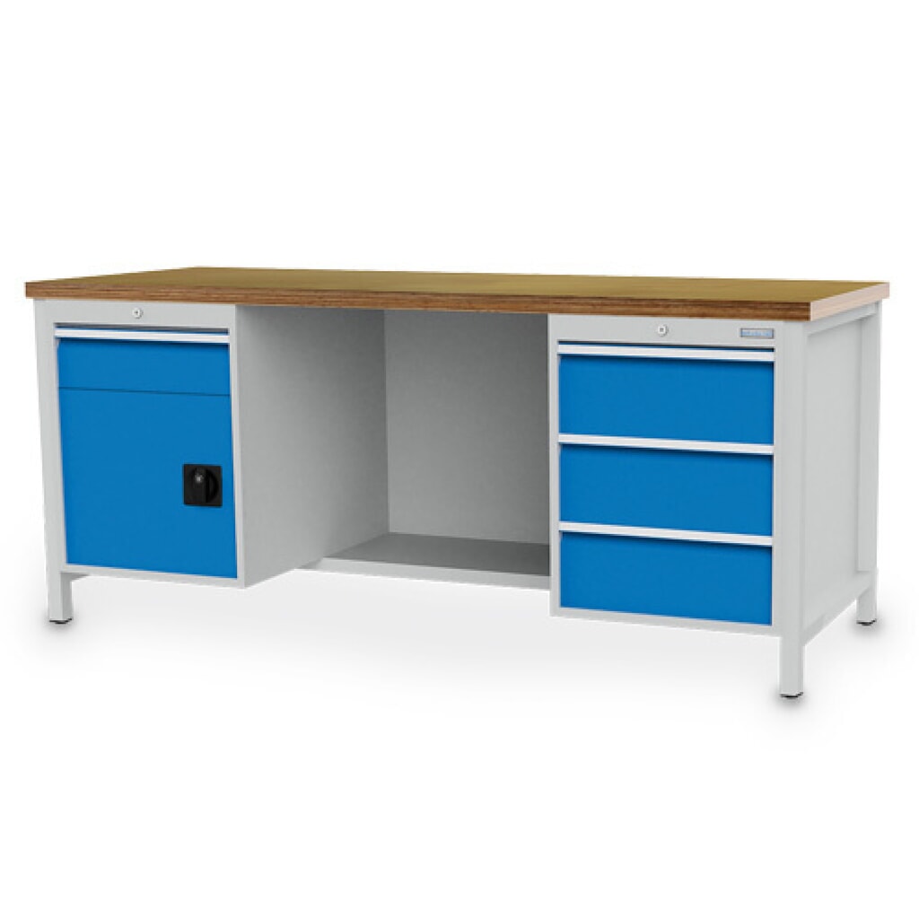 Illustration du produit: Établi R 18-24 Bedrunka+Hirth, H x l x P 859 x 2 000 x 750 mm, gris clair, bleu clair, 4 tiroirs 1 x 150 mm + 3 x 200 mm, 1 porte battante 1 x 450 mm