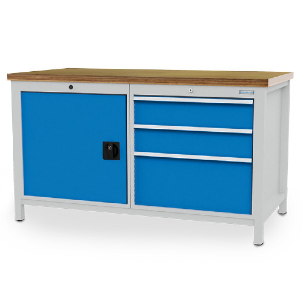 Illustration du produit: Établi R 24-24 Bedrunka+Hirth, H x l x P 959 x 1 500 x 750 mm, gris clair, bleu clair, 3 tiroirs 2 x 150 mm + 1 x 300 mm, 1 porte battante 1 x 600 mm