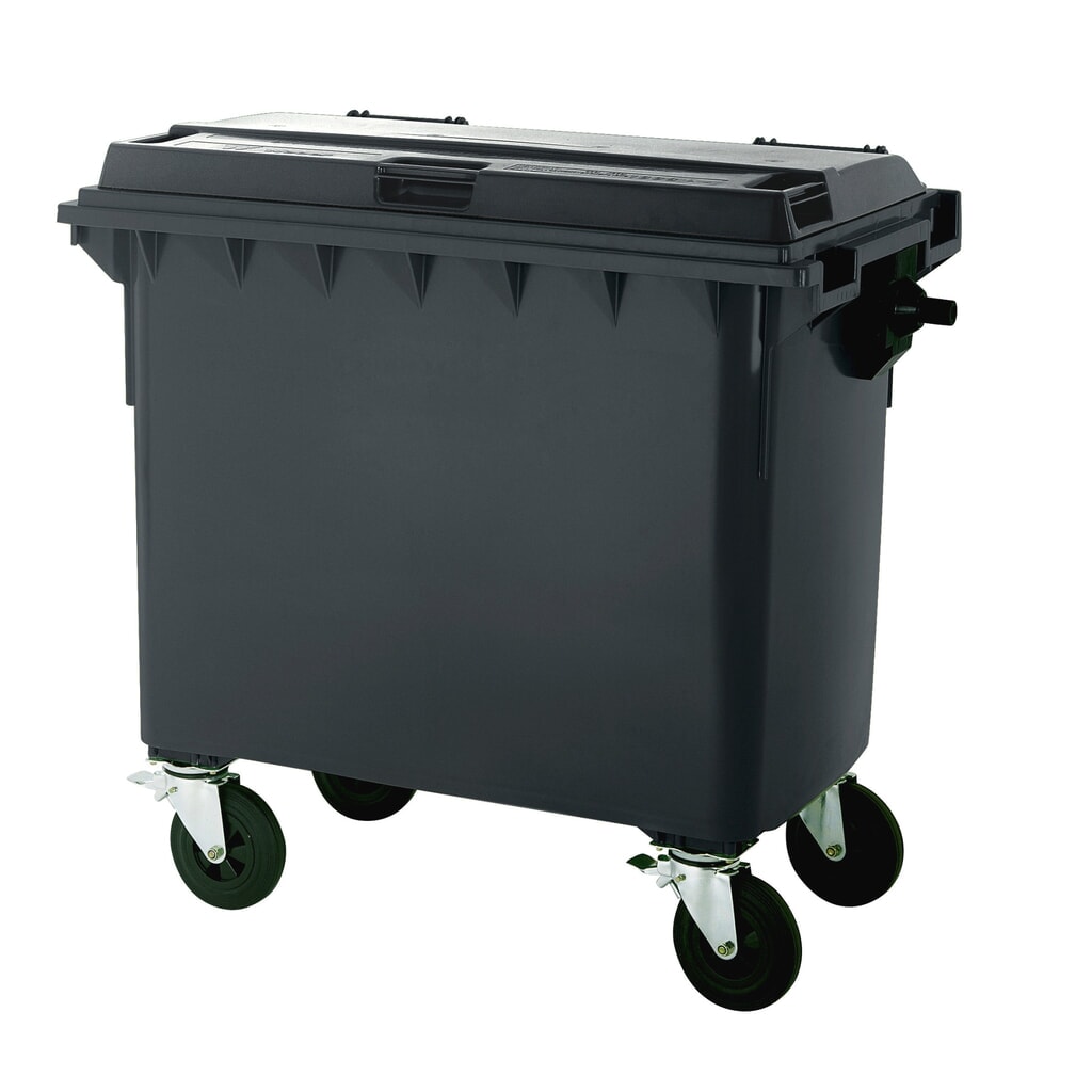 Grande poubelle mobile avec 4 roulettes, couvercle plat, 660 litres, noir-gris, couvercle noir-gris Illustration du produit: Grande poubelle mobile avec 4 roulettes, couvercle plat, 660 litres, noir-gris, couvercle noir-gris