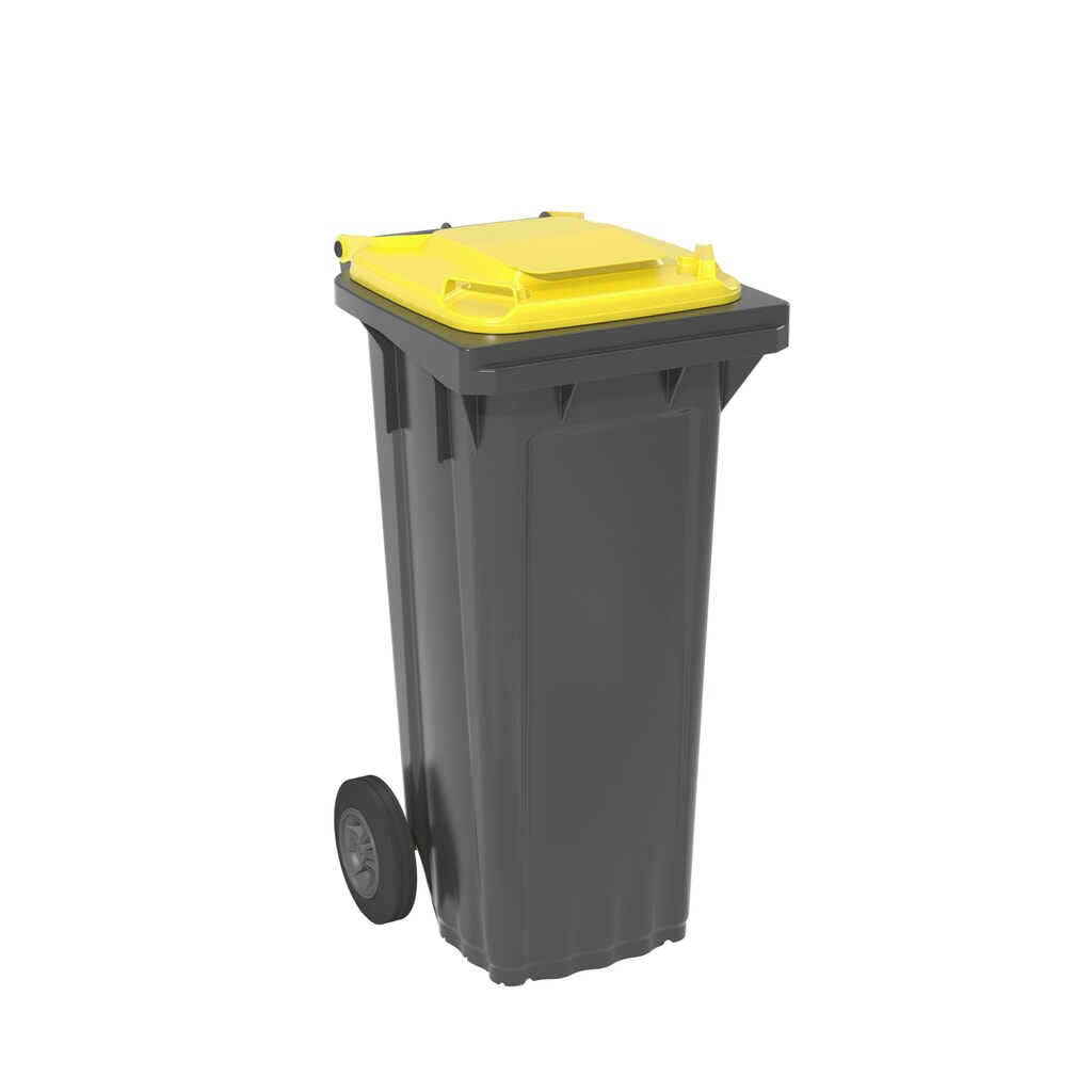 Poubelle mobile en polyéthylène haute densité, 2 roulettes, 80 litres, noir-gris, couvercle jaune Illustration du produit: Poubelle mobile en polyéthylène haute densité, 2 roulettes, 80 litres, noir-gris, couvercle jaune