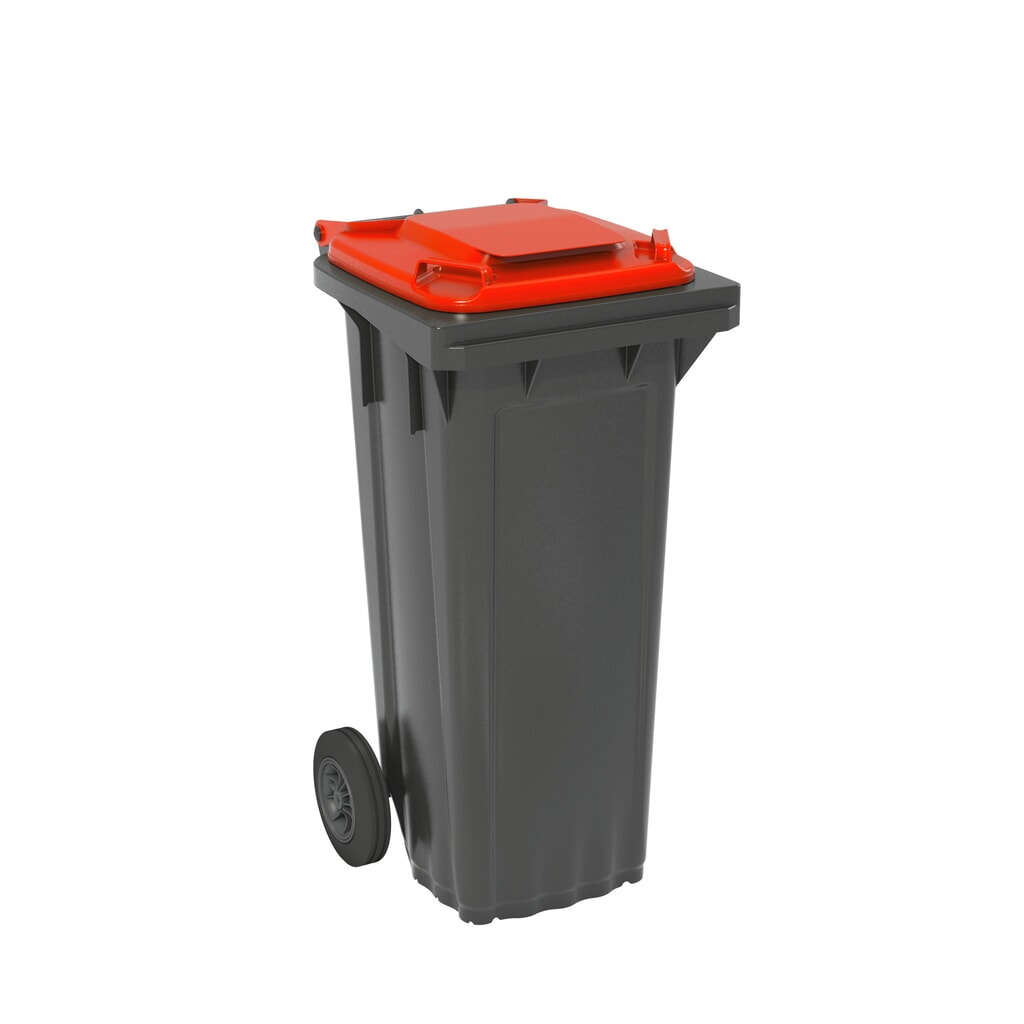 Illustration du produit: Poubelle mobile en polyéthylène haute densité, 2 roulettes, 80 litres, noir-gris, couvercle rouge