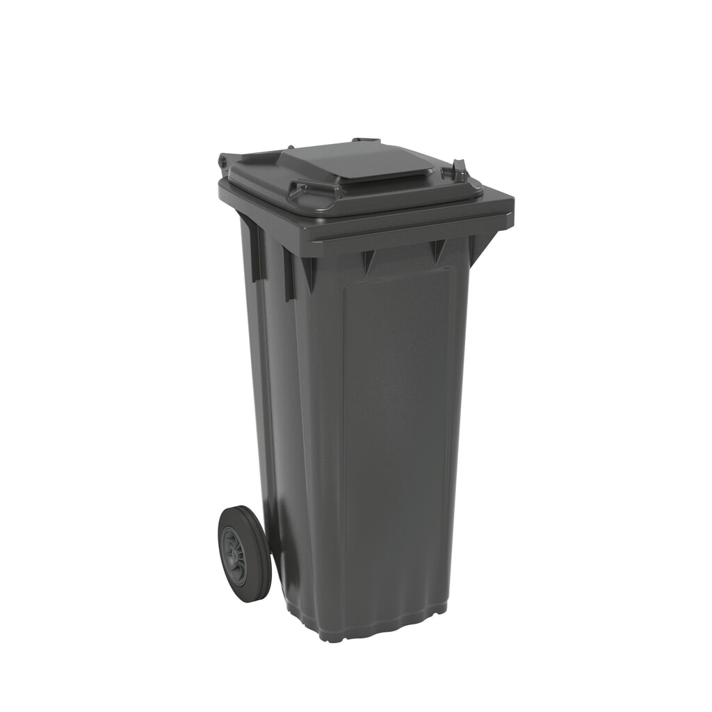 Poubelle mobile en polyéthylène haute densité, 2 roulettes, 80 litres, noir-gris, couvercle noir-gris Illustration du produit: Poubelle mobile en polyéthylène haute densité, 2 roulettes, 80 litres, noir-gris, couvercle noir-gris