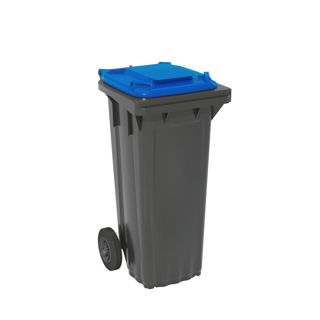 Poubelle mobile en polyéthylène haute densité, 2 roulettes, 80 litres, noir-gris, couvercle bleu Illustration du produit: Poubelle mobile en polyéthylène haute densité, 2 roulettes, 80 litres, noir-gris, couvercle bleu