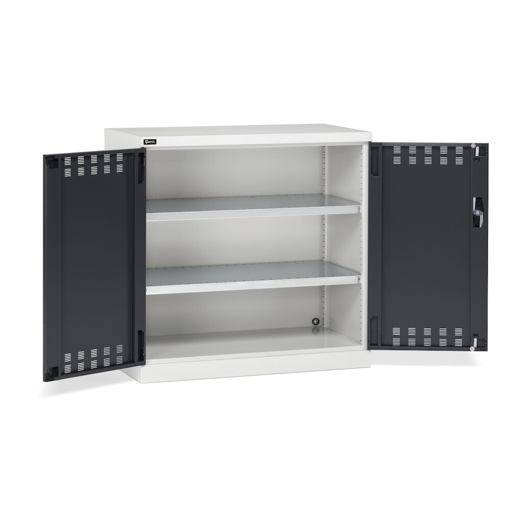 Illustration du produit: Fami PERFOM Armoire à portes battantes, 2 tablettes, portes battantes perforées, HxlxP 1 000 x 1 023 x 555 mm, gris clair, anthracite