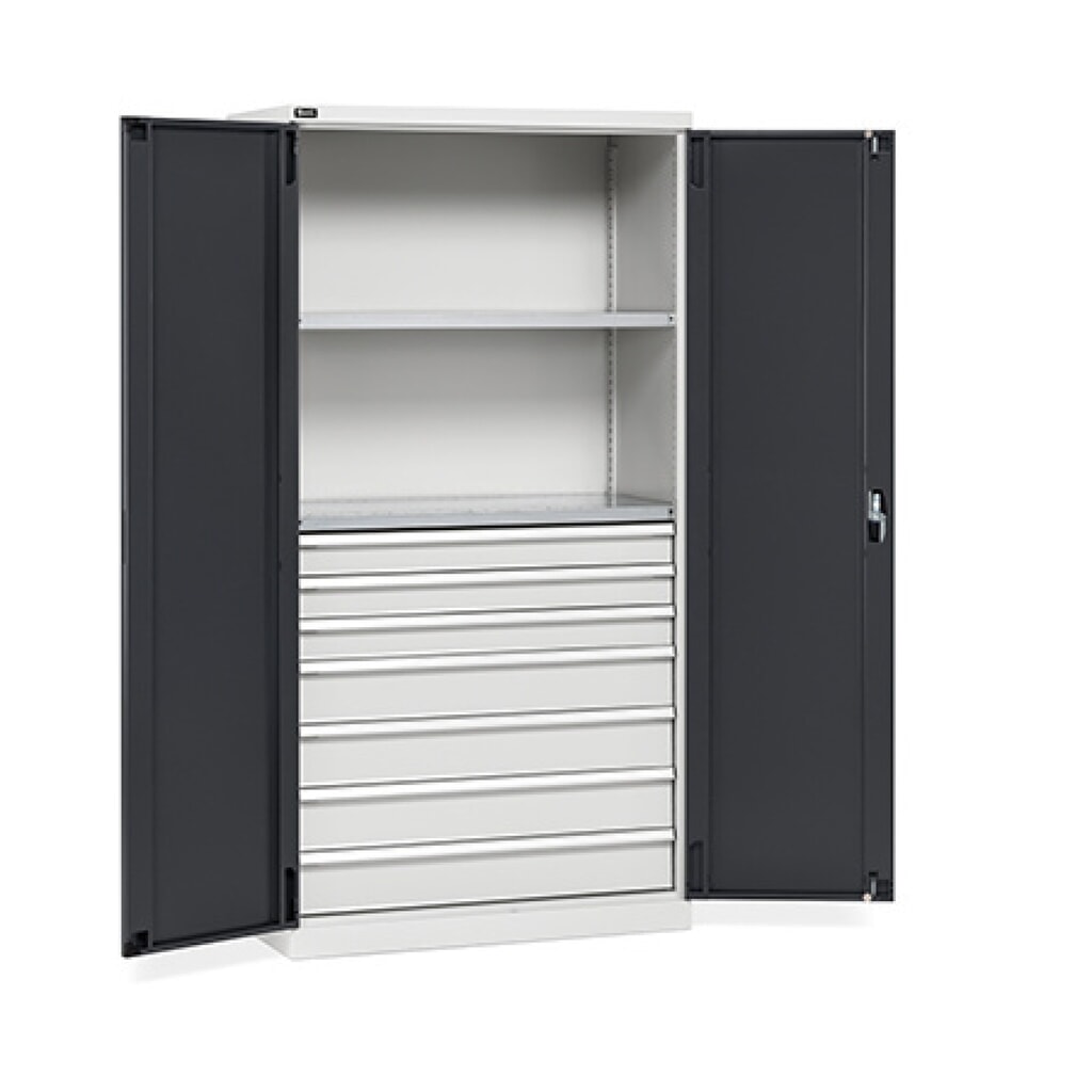 Illustration du produit: Fami PERFOM Armoire à portes battantes, 7 tiroirs, 2 tablettes, HxlxP 2 000 x 1 023 x 726 mm, gris clair, anthracite