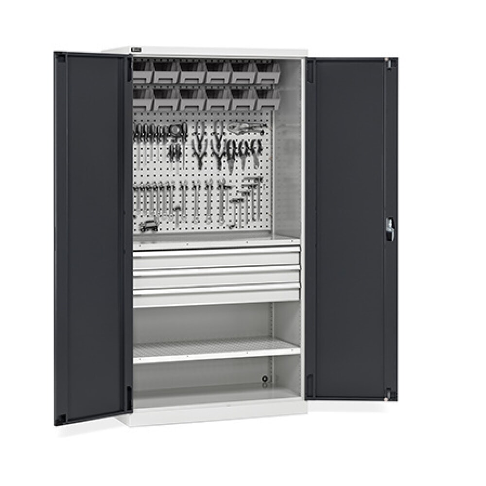 N° de l'image du produit 1 : Fami PERFOM Armoire d'atelier, 3 tiroirs, plaques perforées, bacs à bec, HxlxP 2 000 x 1 023 x 726 mm, gris clair, anthracite