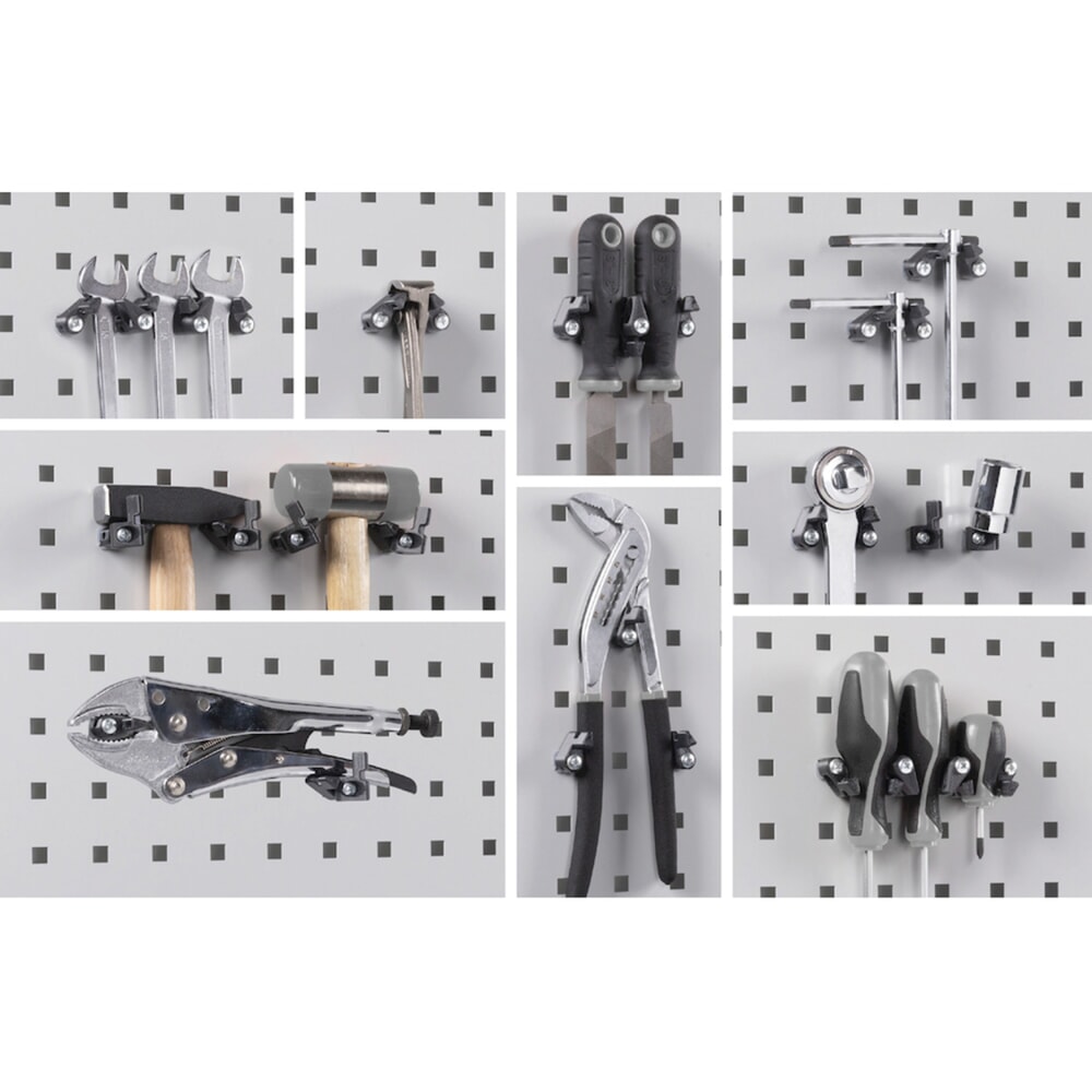 N° de l'image du produit 12 : Fami PERFOM Armoire d'atelier, 4 tablettes perforées, 3 tiroirs, plaques perforées pour porte, bacs à bec, HxlxP 2 000 x 1 023 x 726 mm, gris clair, anthracite