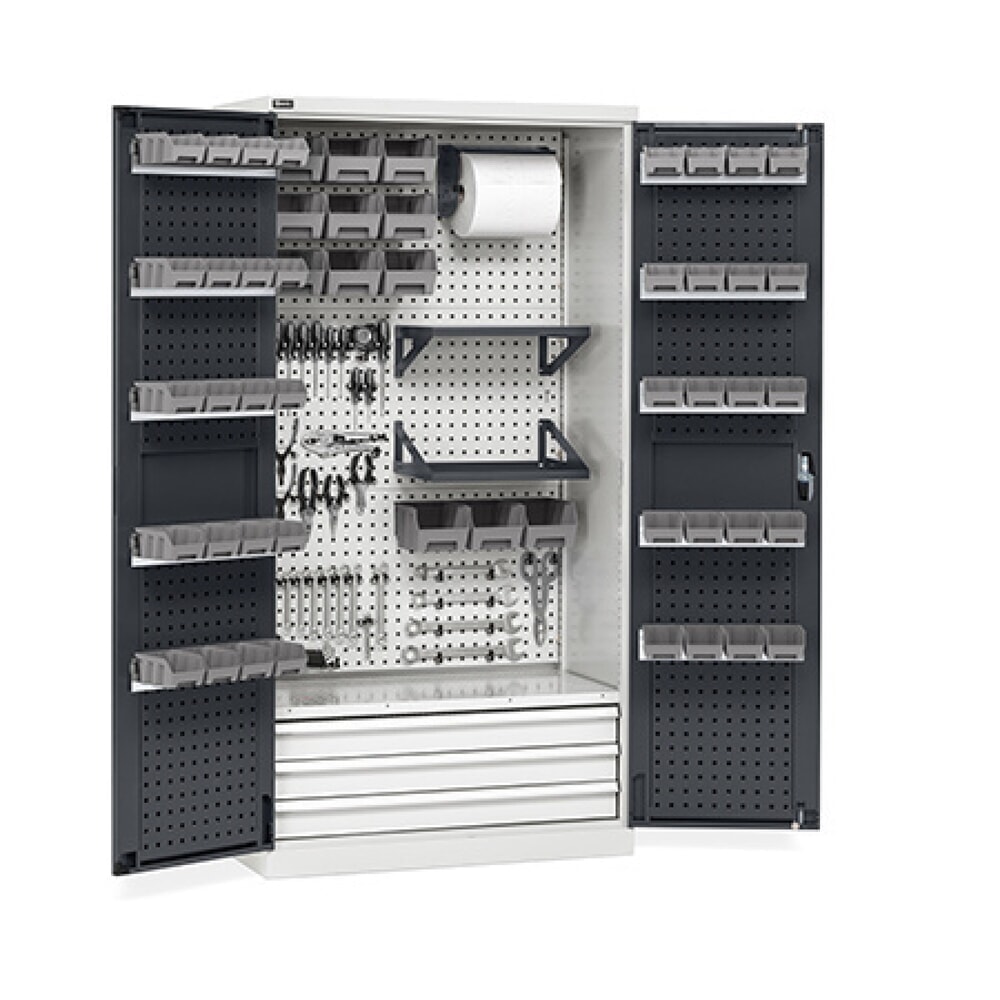 N° de l'image du produit 1 : Fami PERFOM Armoire d'atelier, 4 tablettes perforées, 3 tiroirs, plaques perforées pour porte, bacs à bec, HxlxP 2 000 x 1 023 x 726 mm, gris clair, anthracite