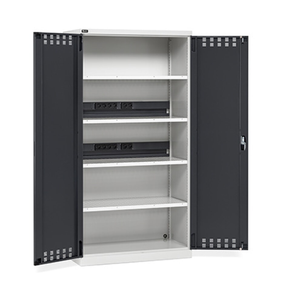 Illustration du produit: Fami PERFOM Armoire de charge de batteries, 4 tablettes perforées, HxlxP 2 000 x 1 023 x 726 mm, gris clair, anthracite