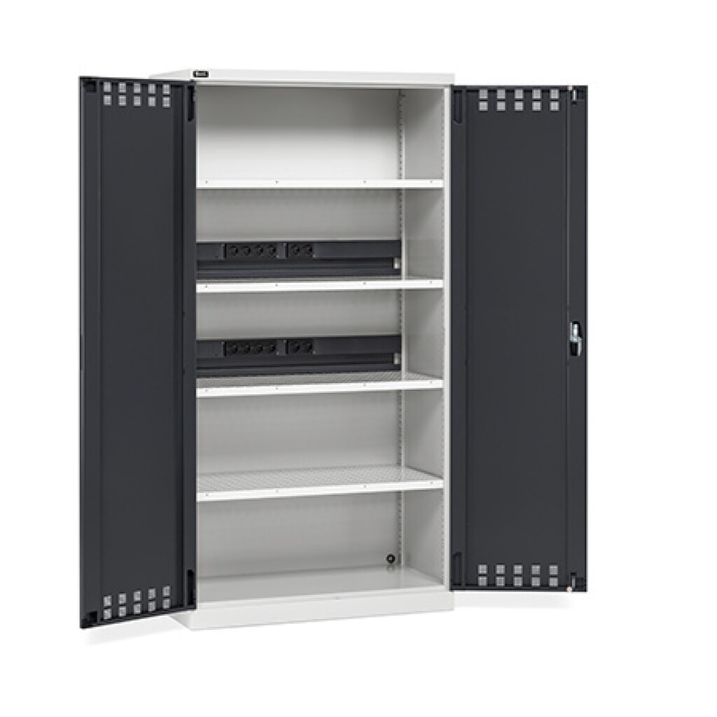 Illustration du produit: Fami PERFOM Armoire de charge de batteries, 4 tablettes perforées, HxlxP 2 000 x 1 023 x 726 mm, gris clair, anthracite