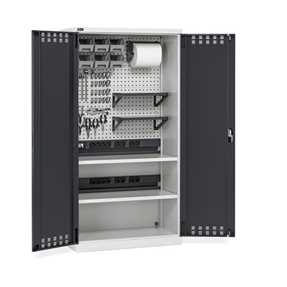 Illustration du produit: Fami PERFOM Armoire de charge de batteries avec plaque perforée et accessoires, HxlxP 2 000 x 1 023 x 726 mm, gris clair, anthracite