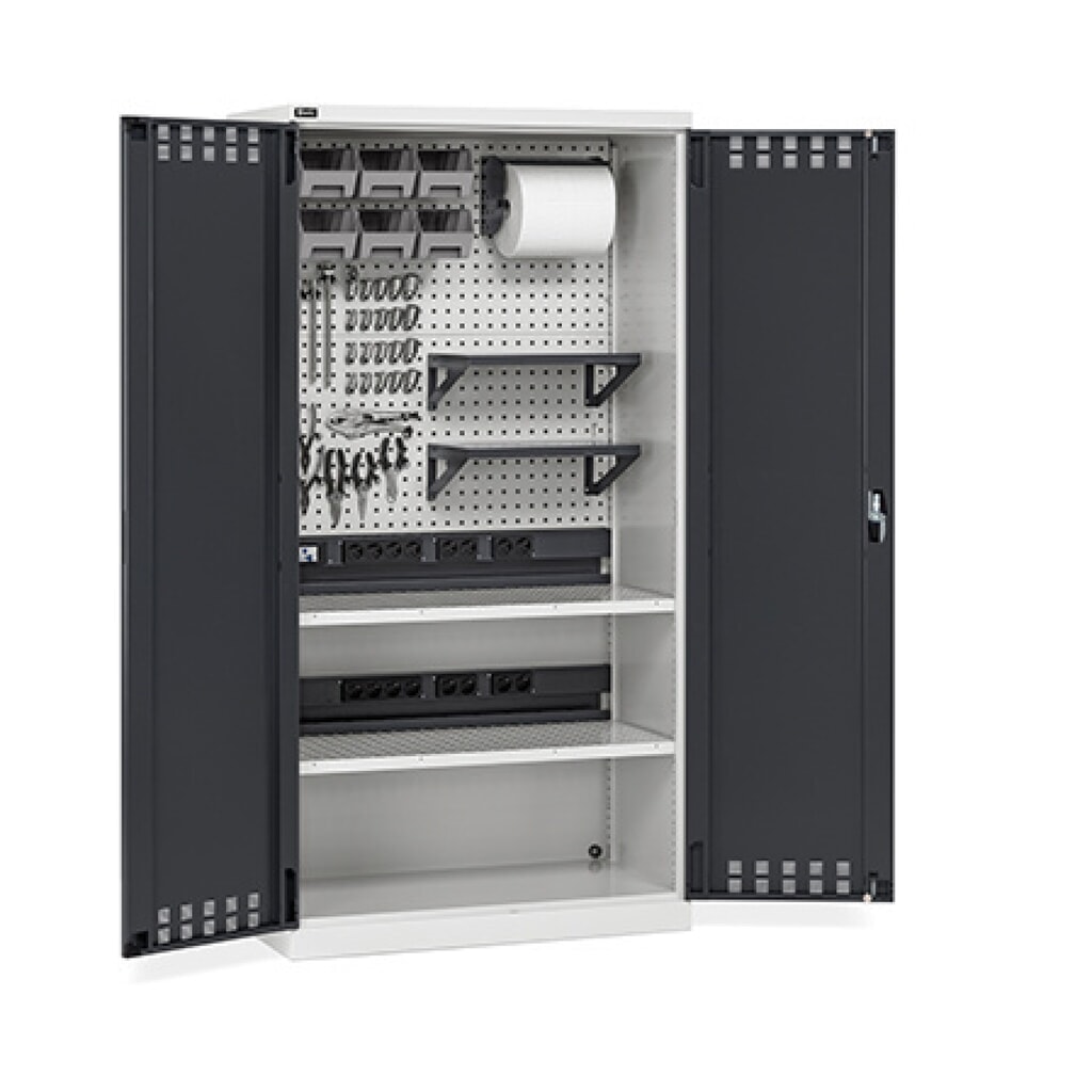 Illustration du produit: Fami PERFOM Armoire de charge de batteries avec plaque perforée et accessoires, HxlxP 2 000 x 1 023 x 726 mm, gris clair, anthracite