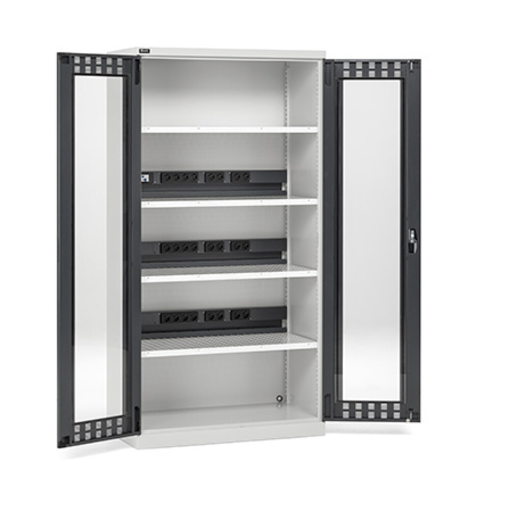 Illustration du produit: Fami PERFOM Armoire de charge de batteries avec portes transparentes, capacité de charge 1 200 kg, 4 tablettes perforées, HxlxP 2 000 x 1 023 x 726 mm, gris clair, anthracite