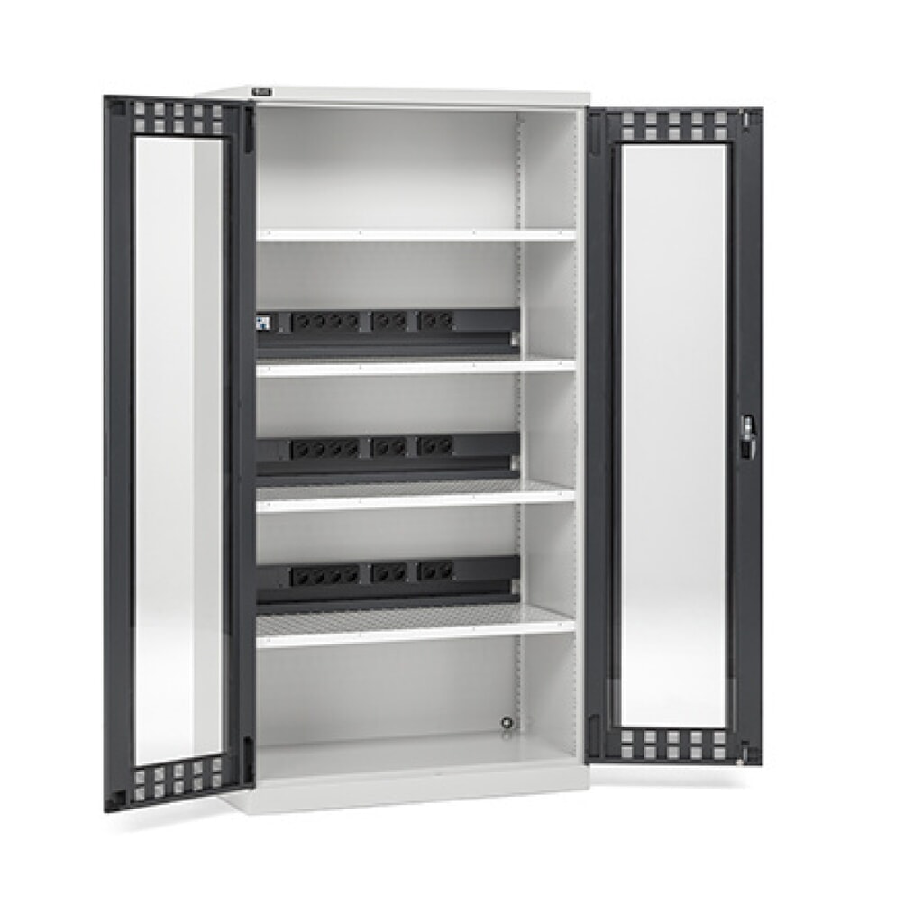 Illustration du produit: Fami PERFOM Armoire de charge de batteries avec portes transparentes, capacité de charge 1 200 kg, 4 tablettes perforées, HxlxP 2 000 x 1 023 x 726 mm, gris clair, anthracite