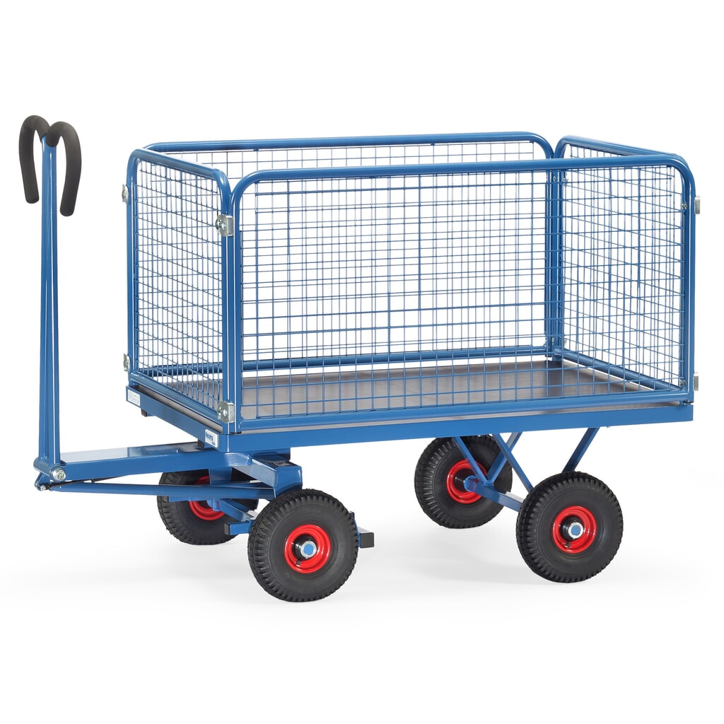 Illustration du produit: fetra® Char à bras avec parois grillagées de hauteur 600 mm, surface de chargement 800 x 1 200 mm, capacité de charge 700 kg, pneumatiques gonflables
