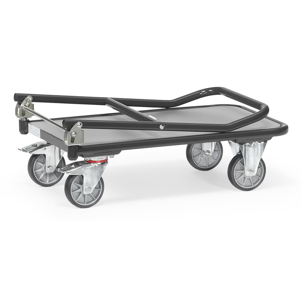 N° de l'image du produit 3 : fetra® Chariot à plate-forme avec surface de chargement en bois, arceau rabattable, lxP 450 x 720 mm, capacité de charge 250 kg, gris anthracite