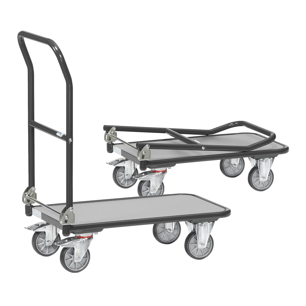 fetra® Chariot à plate-forme avec surface de chargement en bois, arceau rabattable, lxP 450 x 720 mm, capacité de charge 250 kg, gris anthracite N° de l'image du produit 4 : fetra® Chariot à plate-forme avec surface de chargement en bois, arceau rabattable, lxP 450 x 720 mm, capacité de charge 250 kg, gris anthracite
