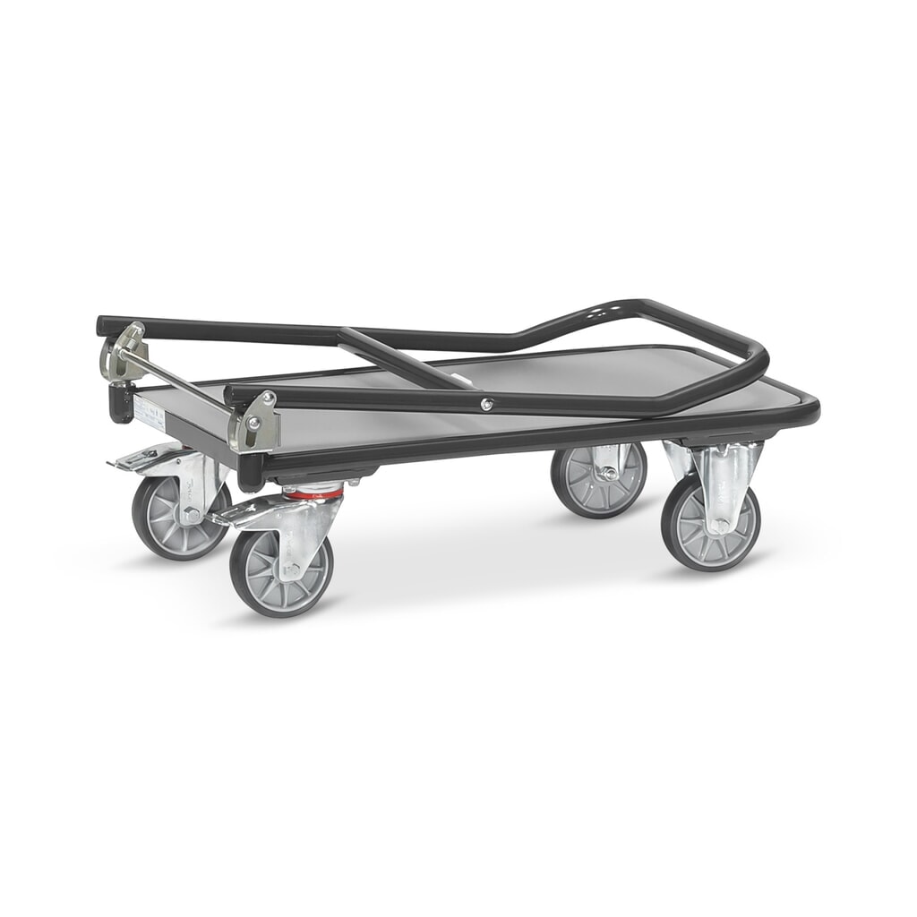 N° de l'image du produit 5 : fetra® Chariot à plate-forme avec surface de chargement en bois, arceau rabattable, lxP 450 x 720 mm, capacité de charge 250 kg, gris anthracite