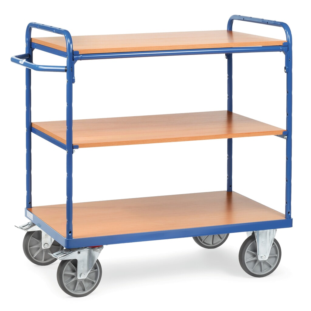 fetra® Chariot à plateaux avec tablettes en bois, 3 plateaux de 850 x 500 mm, hauteur 1 111 mm Illustration du produit: fetra® Chariot à plateaux avec tablettes en bois, 3 plateaux de 850 x 500 mm, hauteur 1 111 mm