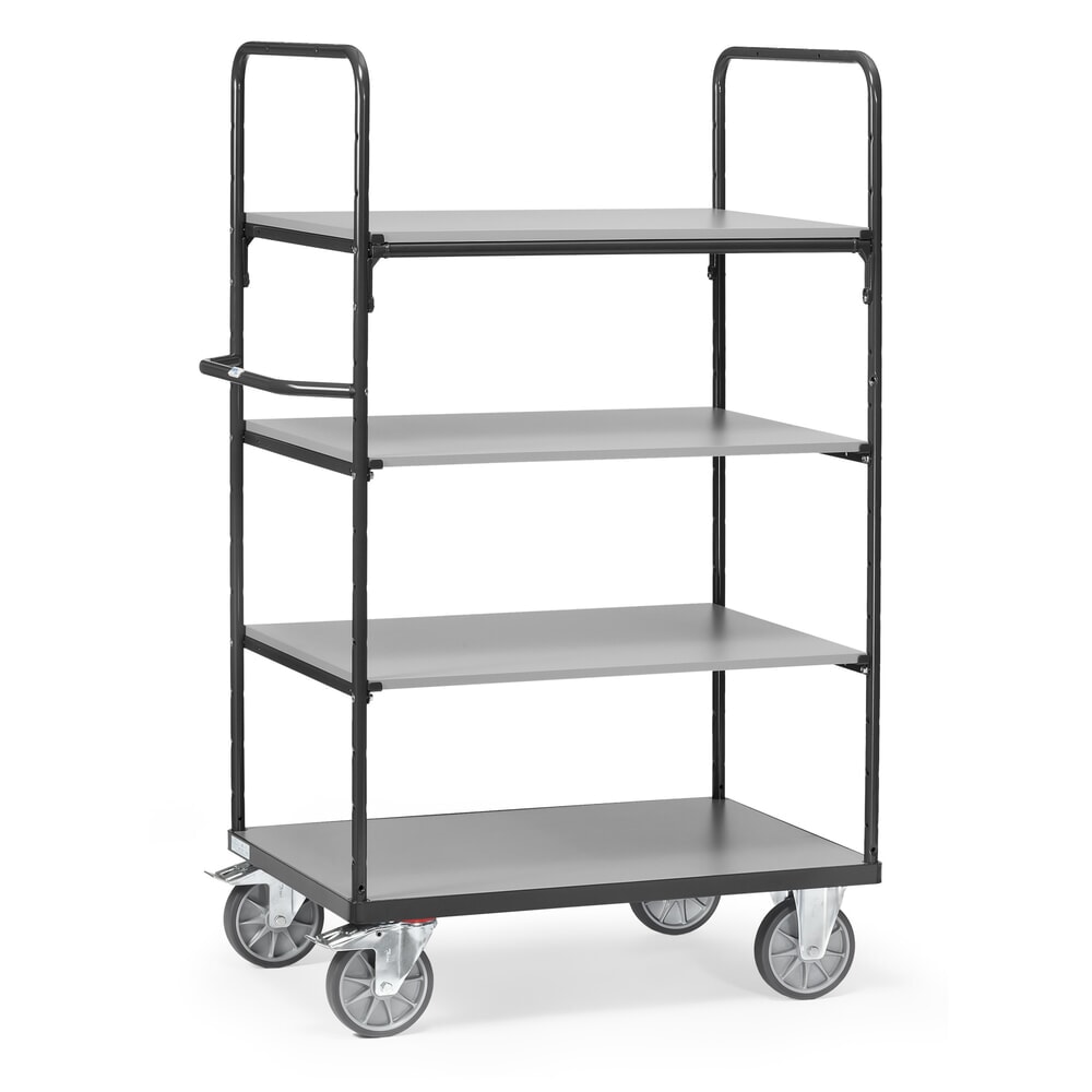 Illustration du produit: fetra® Chariot à plate-forme avec tablettes en bois, 4 plateaux de 1 000 x 600 mm, hauteur 1 800 mm, gris anthracite