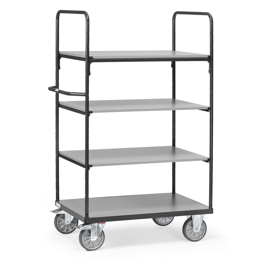 fetra® Chariot à plate-forme avec tablettes en bois, 4 plateaux de 1 000 x 600 mm, hauteur 1 800 mm, gris anthracite Illustration du produit: fetra® Chariot à plate-forme avec tablettes en bois, 4 plateaux de 1 000 x 600 mm, hauteur 1 800 mm, gris anthracite