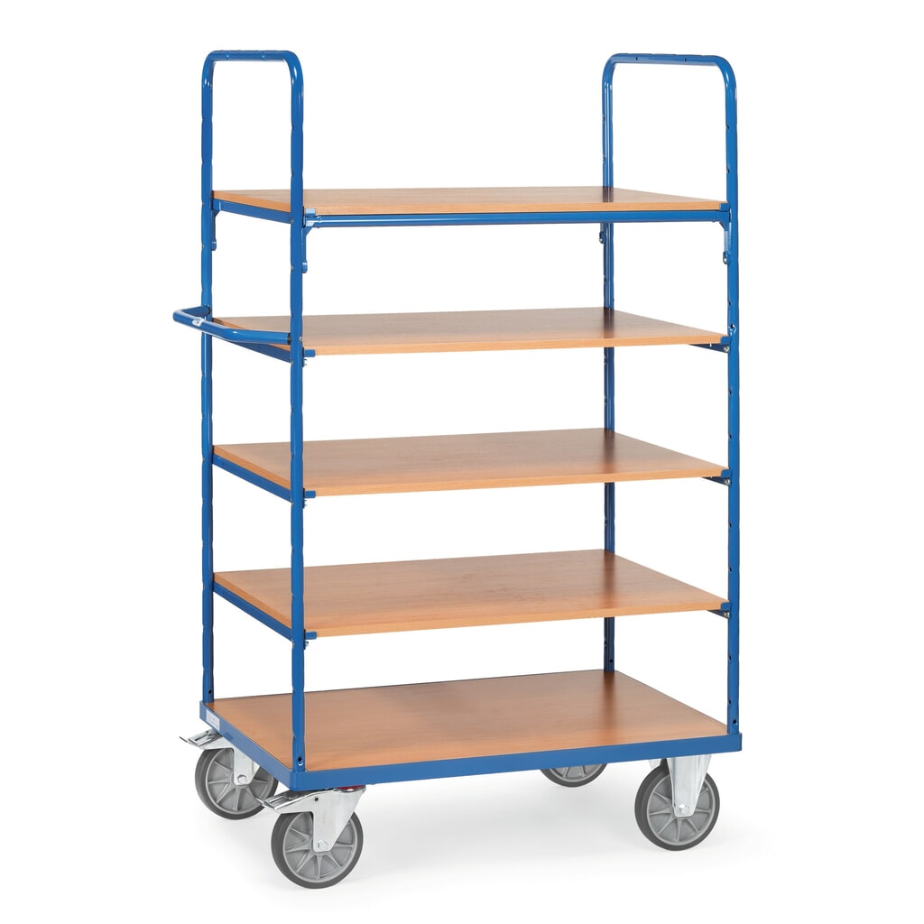 fetra® Chariot à plateaux avec tablettes en bois, 5 plateaux de 1 000 x 600 mm, hauteur 1 800 mm Illustration du produit: fetra® Chariot à plateaux avec tablettes en bois, 5 plateaux de 1 000 x 600 mm, hauteur 1 800 mm