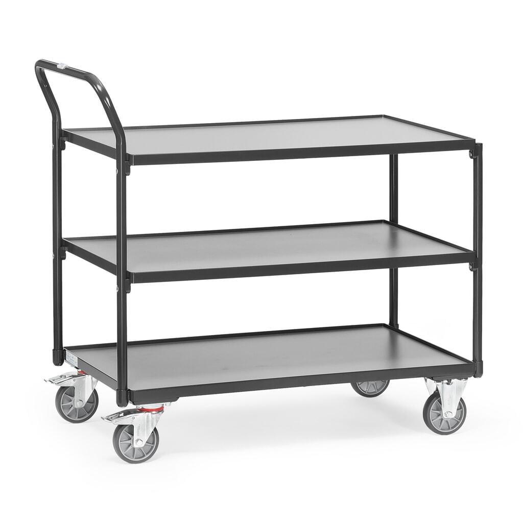 fetra® Servante, capacité de charge 300 kg, 3 plateaux de 1 000 x 600 mm, dossier de poussée haut, gris anthracite Illustration du produit: fetra® Servante, capacité de charge 300 kg, 3 plateaux de 1 000 x 600 mm, dossier de poussée haut, gris anthracite