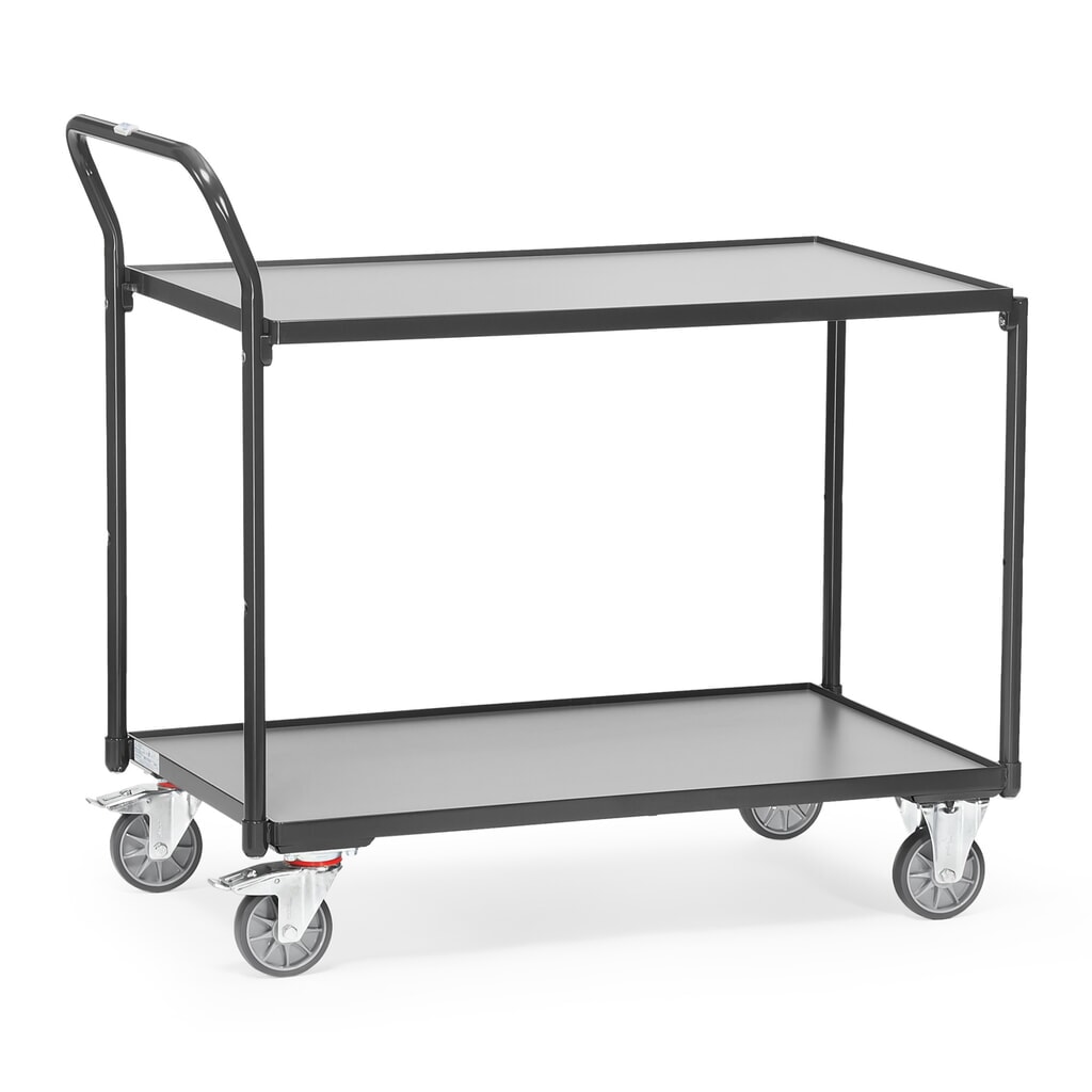 fetra® Servante, capacité de charge 300 kg, 2 plateaux de 1 000 x 600 mm, dossier de poussée haut, gris anthracite Illustration du produit: fetra® Servante, capacité de charge 300 kg, 2 plateaux de 1 000 x 600 mm, dossier de poussée haut, gris anthracite