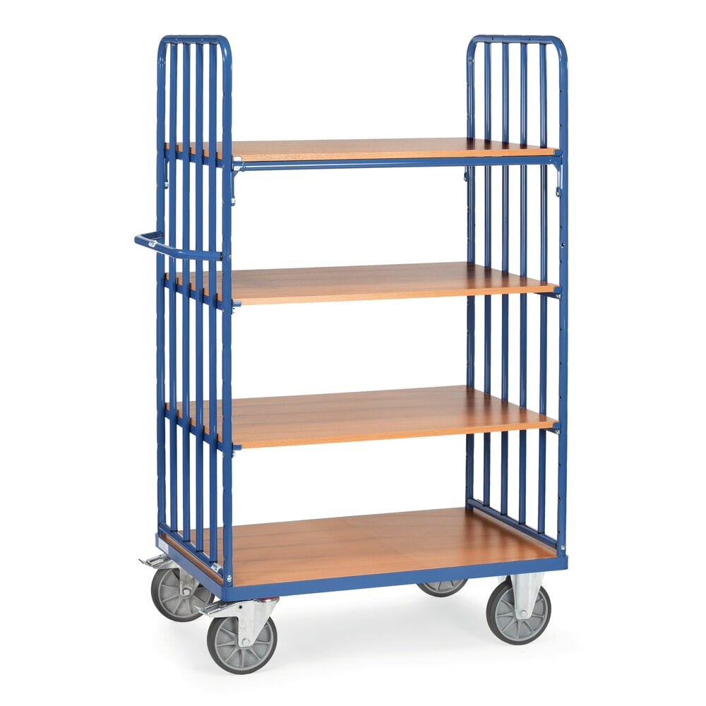 Illustration du produit: fetra® Chariot à plateaux avec montants tubulaires verticaux, 2 ridelles, 4 plateaux de 1 000 x 600 mm