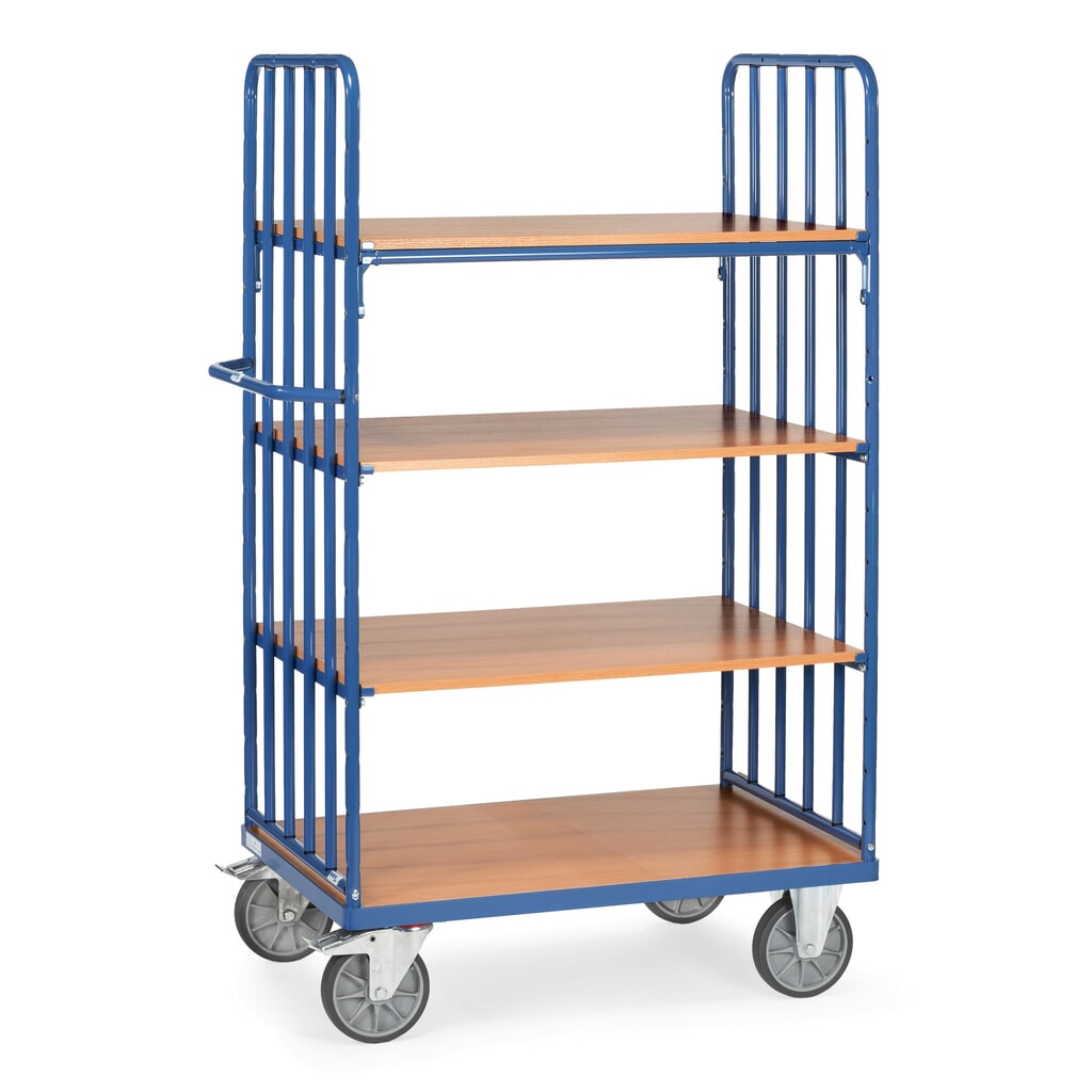 fetra® Chariot à plateaux avec montants tubulaires verticaux, 2 ridelles, 4 plateaux de 1 000 x 600 mm Illustration du produit: fetra® Chariot à plateaux avec montants tubulaires verticaux, 2 ridelles, 4 plateaux de 1 000 x 600 mm