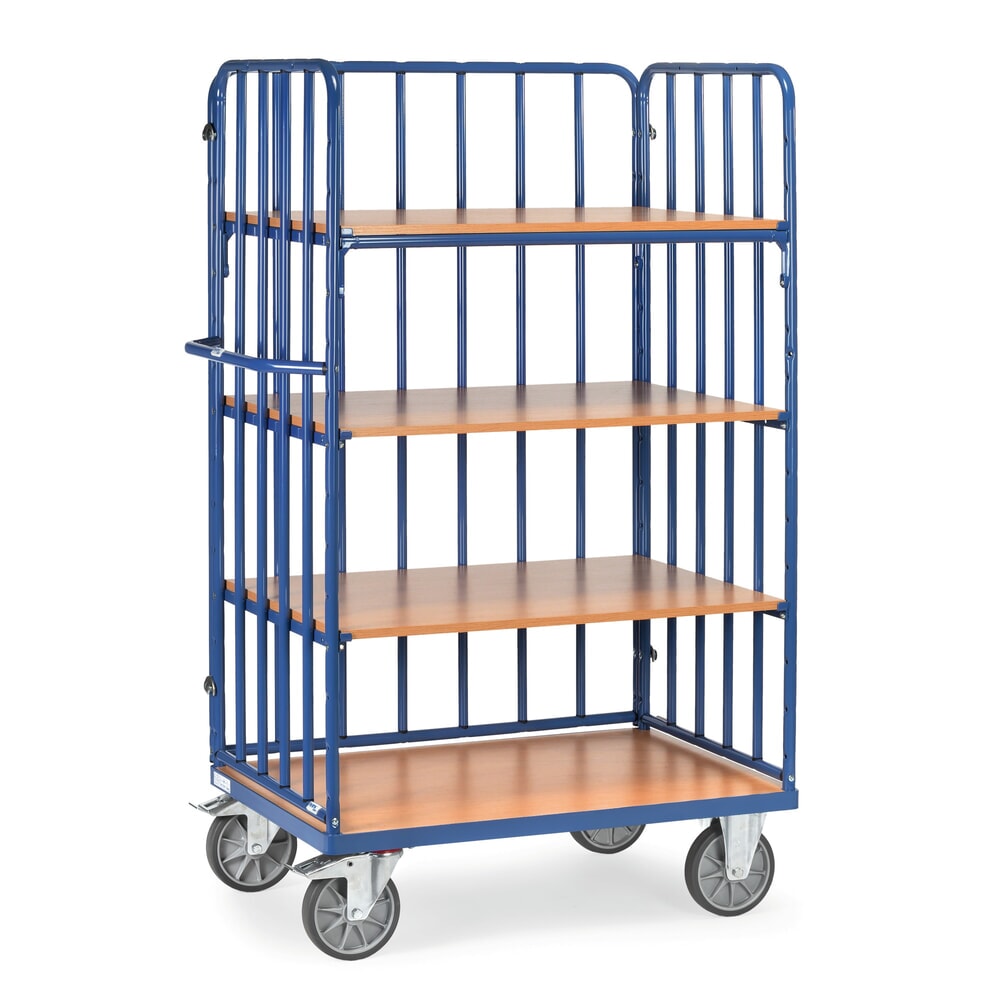 Illustration du produit: fetra® Chariot à plateaux avec montants tubulaires verticaux, 3 ridelles, 4 plateaux de 1 000 x 600 mm, hauteur 1 800 mm