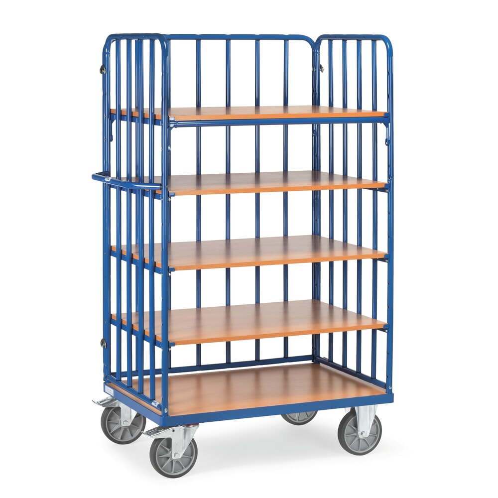 N° de l'image du produit 1 : fetra® Chariot à plateaux avec montants tubulaires verticaux, 3 ridelles, 5 plateaux de 1 200 x 800 mm, hauteur 1 800 mm