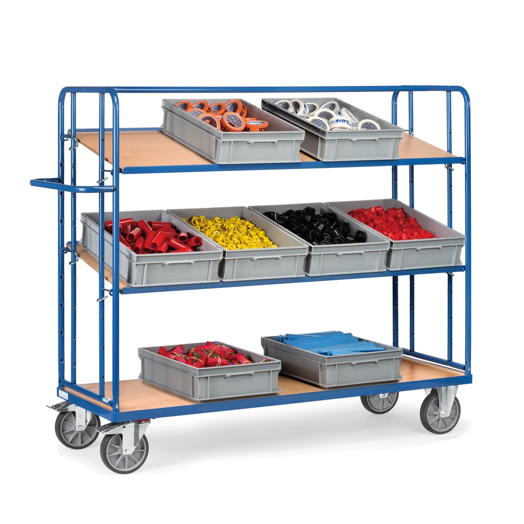 N° de l'image du produit 3 : fetra® Chariot à plateaux pour bacs Euro, capacité de charge 500 kg, 3 plateaux de 1 650 x 610 mm