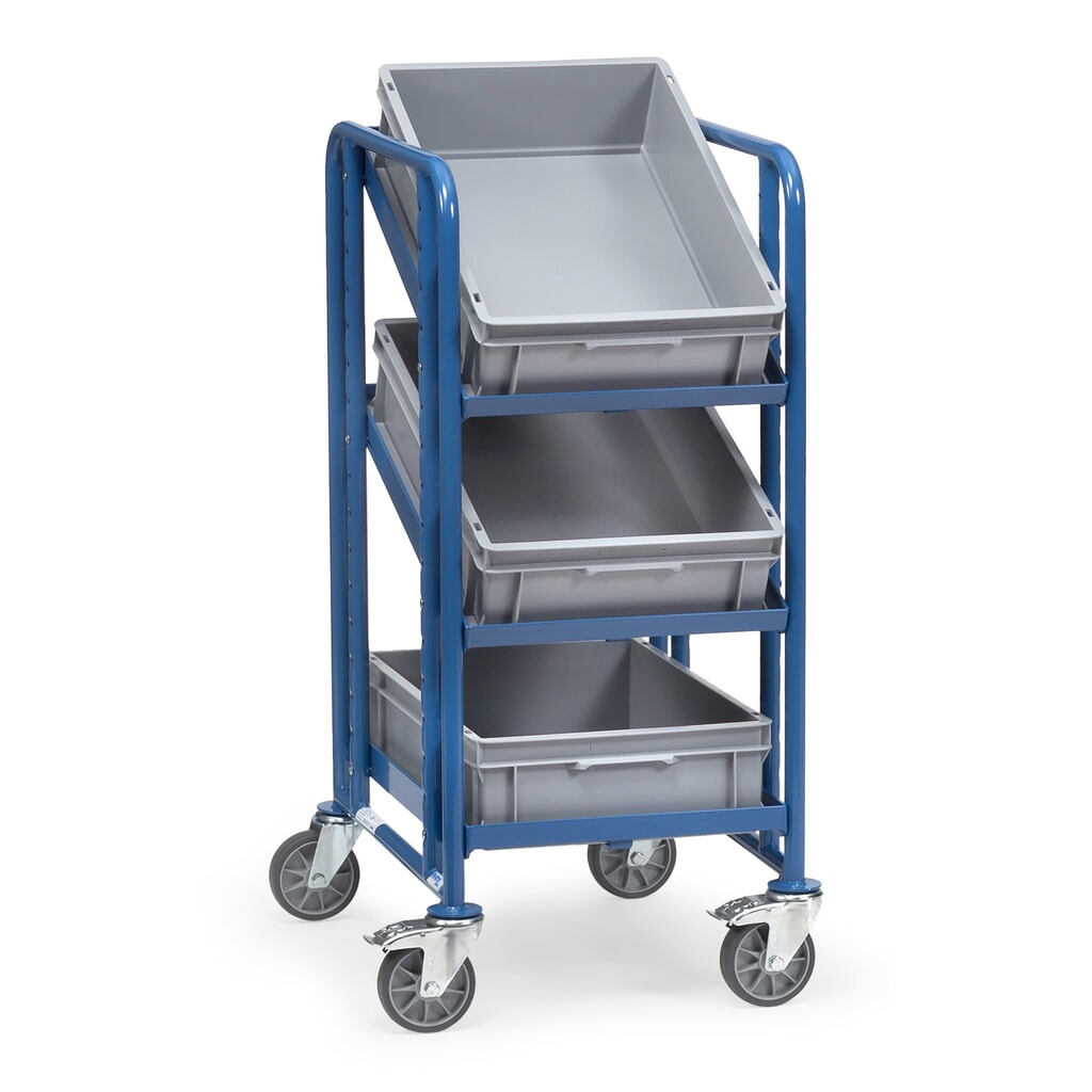 Illustration du produit: fetra® Chariot à plateaux pour bacs Euro, avec bacs, capacité de charge 250 kg, 3 plateaux de 410 x 610 mm