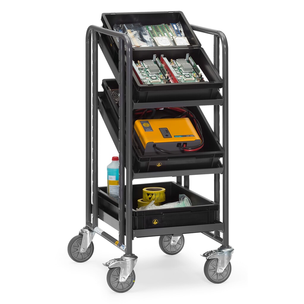 Chariot à plateaux pour bacs Euro ESD fetra®, capacité de charge 250 kg, 3 surfaces de chargement à 410 x 610 mm, sans tablette N° de l'image du produit 3 : Chariot à plateaux pour bacs Euro ESD fetra®, capacité de charge 250 kg, 3 surfaces de chargement à 410 x 610 mm, sans tablette