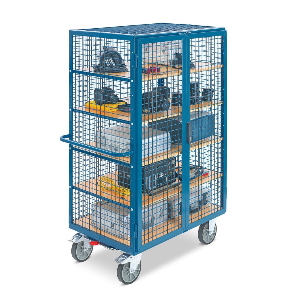 N° de l'image du produit 4 : fetra® Chariot fermé, capacité de charge de 750 kg, parois grillagées, porte à doubles battants, 5 tablettes de 1 200 x 780 mm