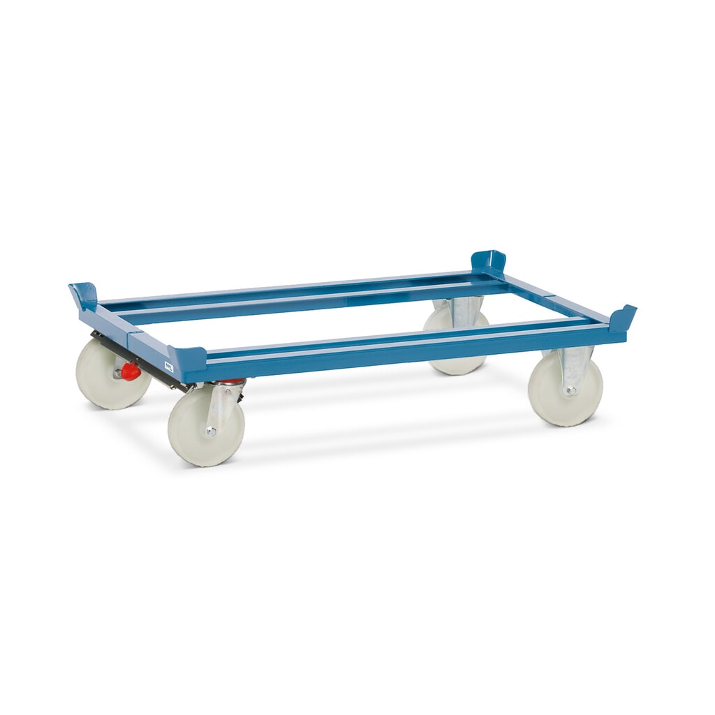 Illustration du produit: fetra® Rouleur avec butées d’angle, capacité de charge 1 000 kg, pour palettes 1 200 x 800 mm, pneumatiques en polyamide, avec frein central