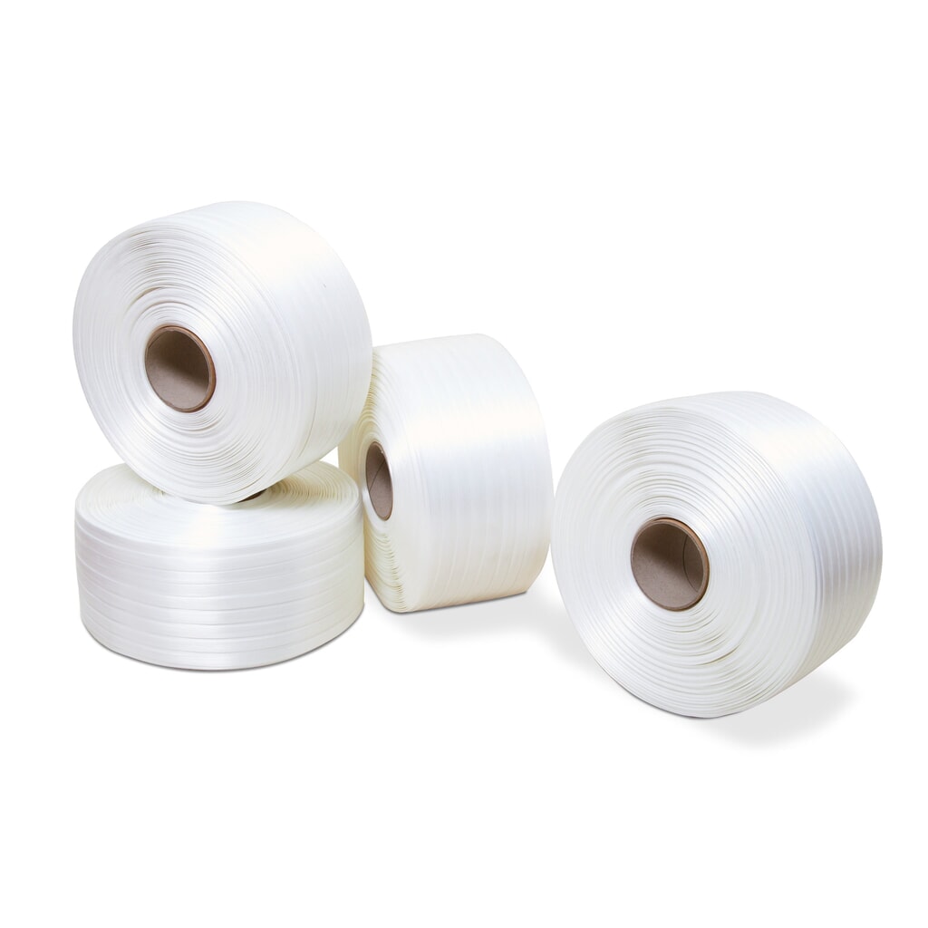 Feuillard de cerclage en polyester, encollé, 16 mm x 850 ml, Ø noyau 76 mm, blanc Illustration du produit: Feuillard de cerclage en polyester, encollé, 16 mm x 850 ml, Ø noyau 76 mm, blanc