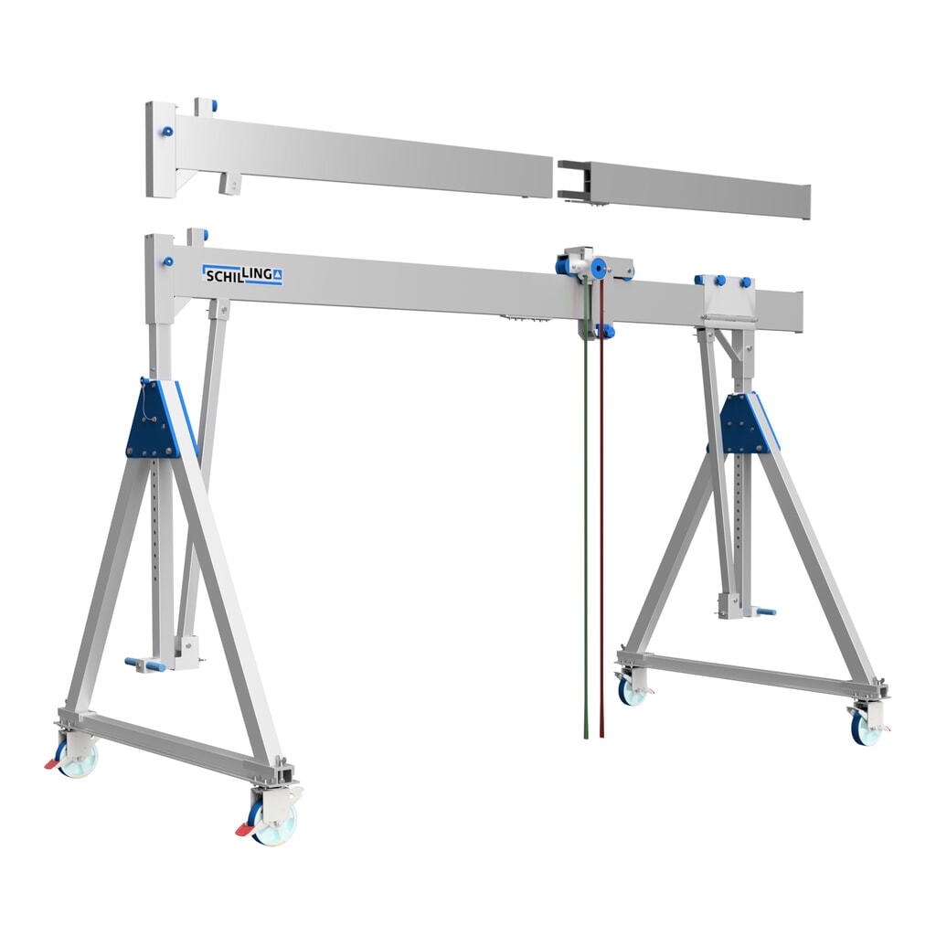 Grue portique SCHILLING.avec poutre sectionnable, mobile, hauteur totale 2 560 mm max., capacité de charge 500 kg Illustration du produit: Grue portique SCHILLING.avec poutre sectionnable, mobile, hauteur totale 2 560 mm max., capacité de charge 500 kg