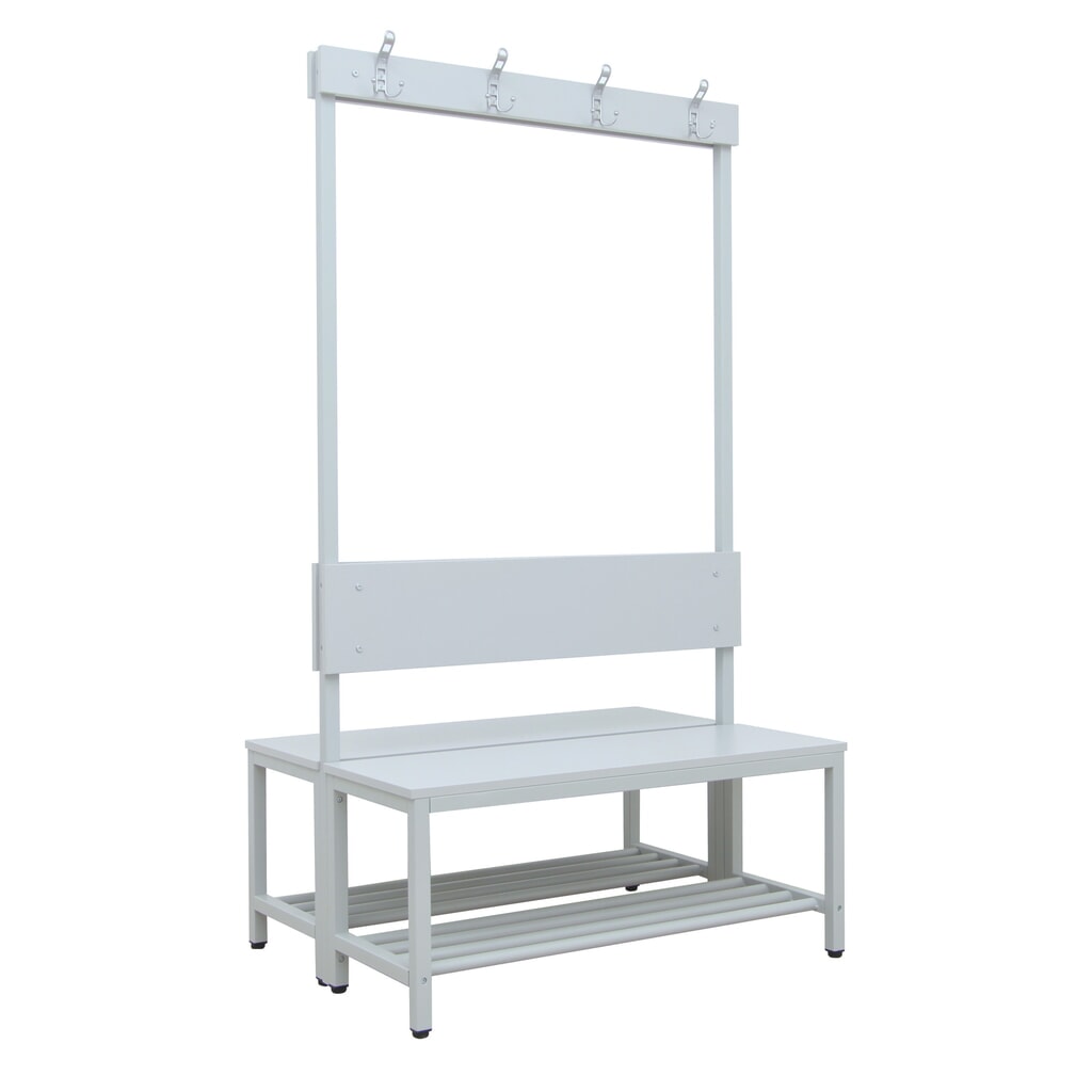 HEMMDAL Banc de vestiaire HUB-1, utilisable des 2 côtés, avec barre à patères et grille porte-chaussures, longueur 1 000 mm Illustration du produit: HEMMDAL Banc de vestiaire HUB-1, utilisable des 2 côtés, avec barre à patères et grille porte-chaussures, longueur 1 000 mm