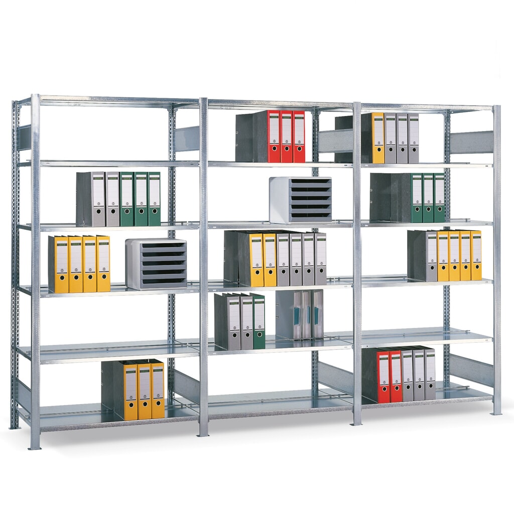 Illustration du produit: Kit complet Rayonnage de bureau SCHULTE, bilatéral, charge par tablette 150 kg, HxlxP 2 000 x 3 000 x 600 mm, galvanisé