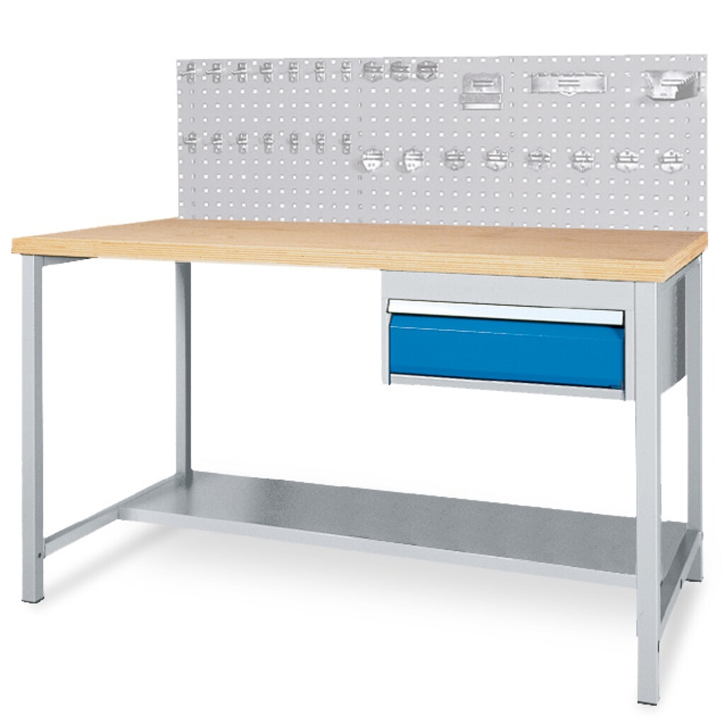 Kit complet de table d’établi avec tiroir + paroi arrière en panneaux perforés + assortiment de crochets Bedrunka+Hirth