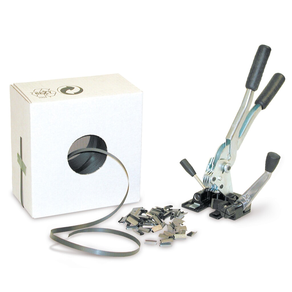 Kit de cerclage Standard pour feuillard PP, pour largeur de feuillard 13 mm Illustration du produit: Kit de cerclage Standard pour feuillard PP, pour largeur de feuillard 13 mm