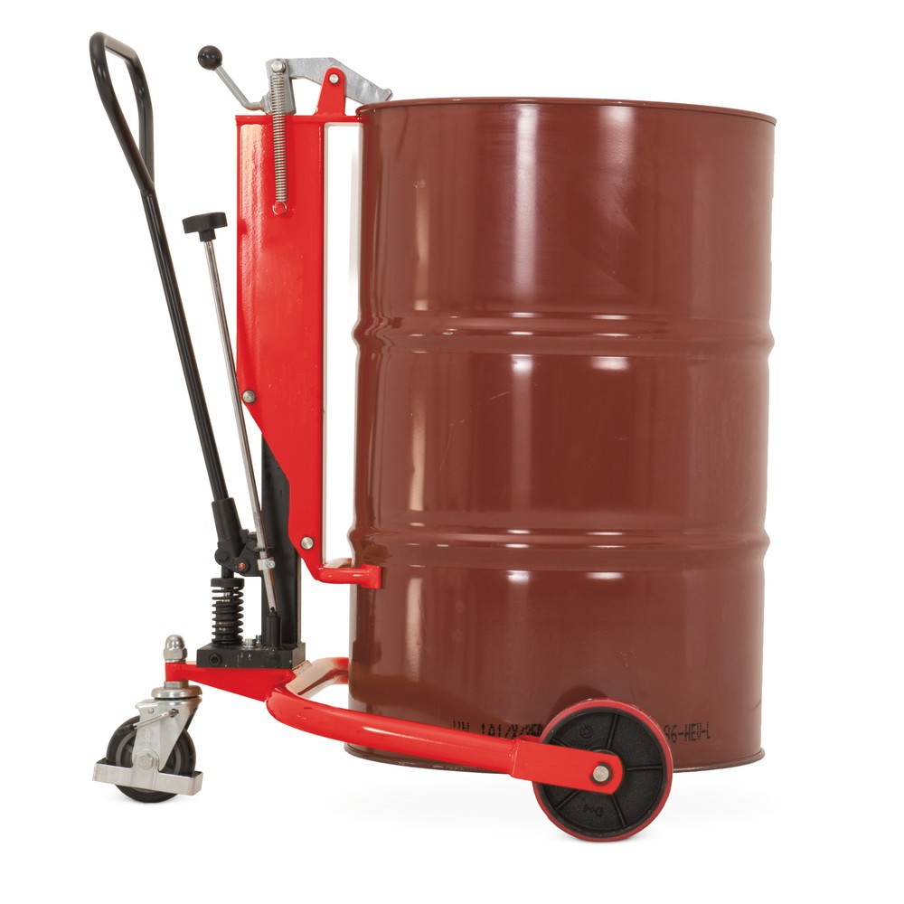 Illustration du produit: Lève-fûts avec levée de timon, hauteur de levée 200 mm, capacité de charge 250 kg, RAL 3020 rouge signalisation