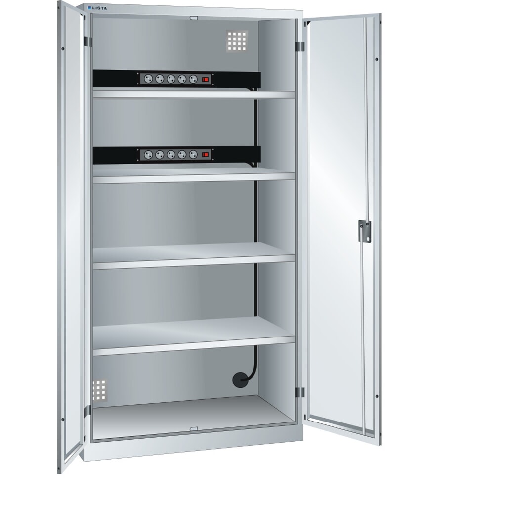 Armoire à casiers LISTA avec prises électriques, (lxPxH) 1 000x580x1 950 mm, 2 blocs multiprises sur paroi arrière, gris clair Illustration du produit: Armoire à casiers LISTA avec prises électriques, (lxPxH) 1 000x580x1 950 mm, 2 blocs multiprises sur paroi arrière, gris clair