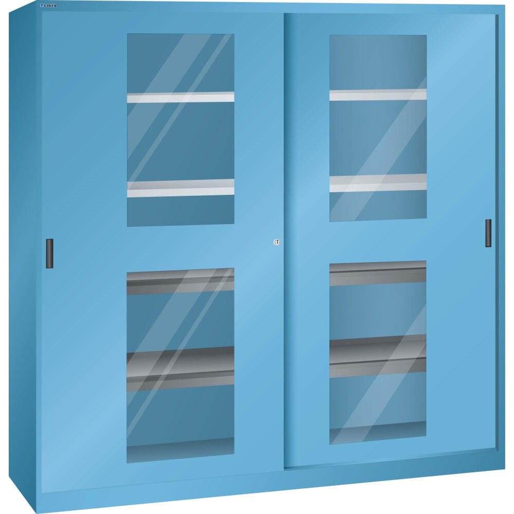 Illustration du produit: Armoire à portes coulissantes LISTA, (lxPxH) 2 000x580x1 950 mm, 4 rayons extensibles, 4 étagères réglables, vitre transparente, bleu clair