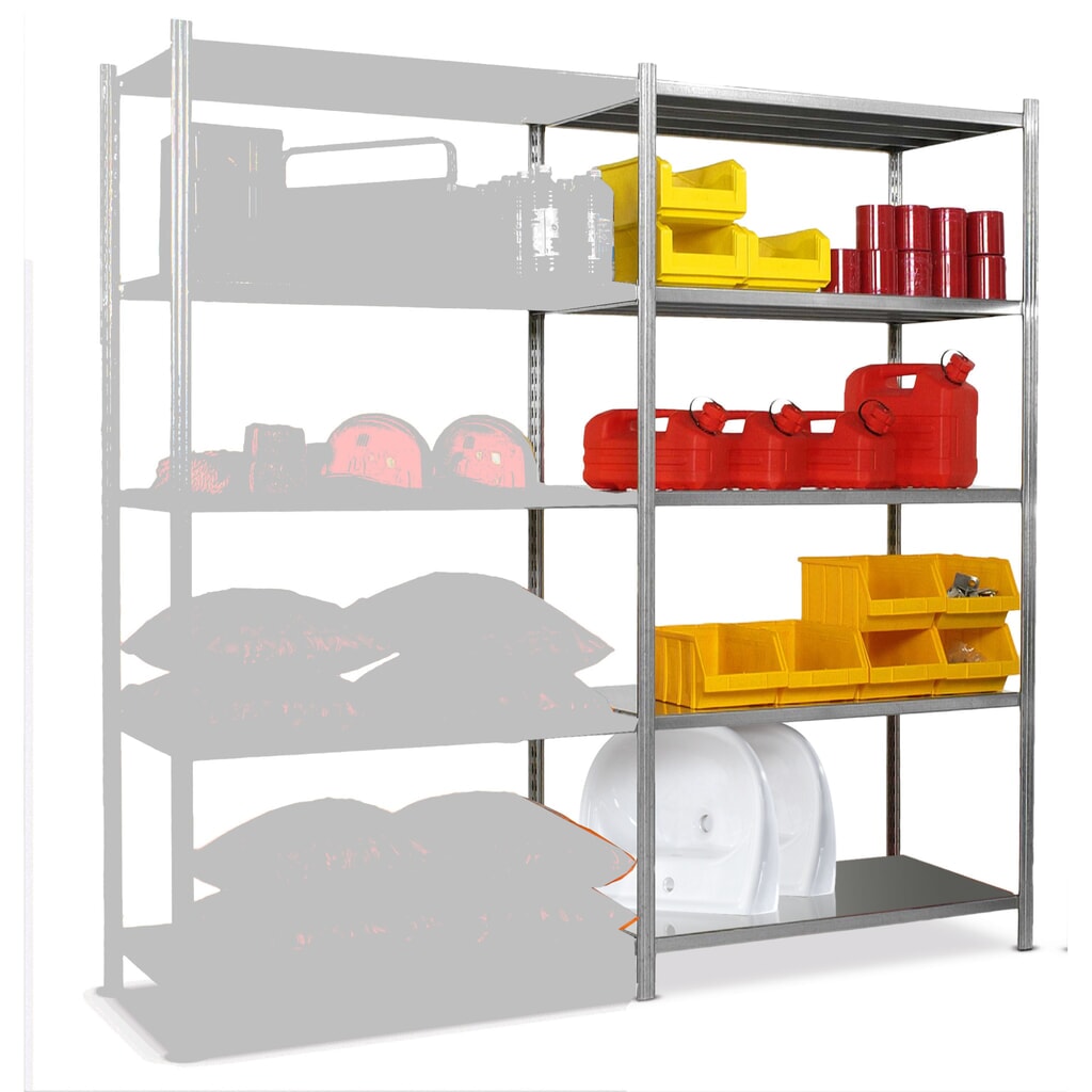 Illustration du produit: ManOrga Rayonnage à tablettes, travée auxiliaire, avec tablettes en tôle d'acier, charge par tablette 221 kg, galvanisé, HxlxP 2 000 x 1 000 x 388 mm